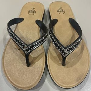 Black/Silver Rhinestone Flip Flops. Size 6. Like New!
